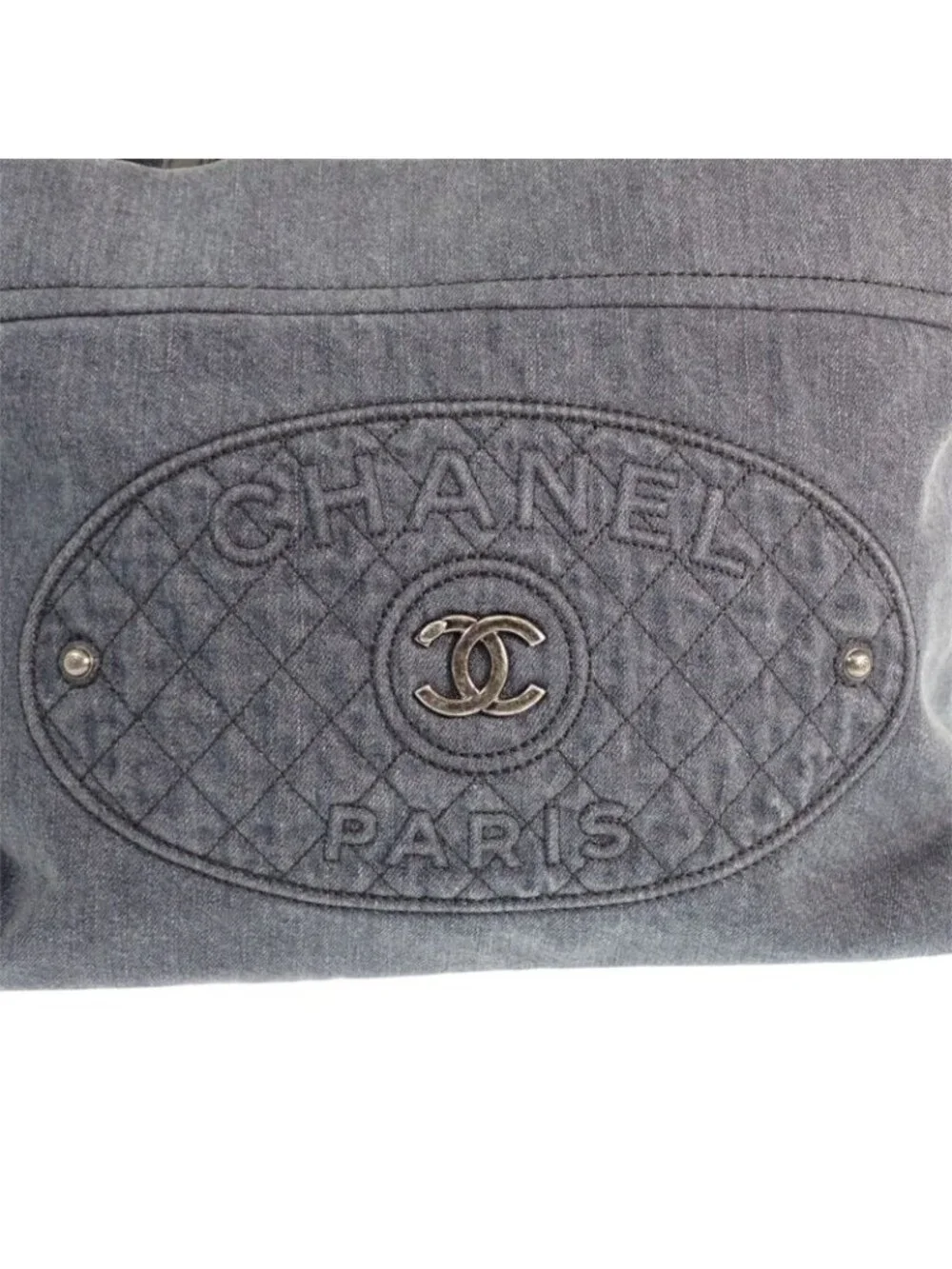 Chanel CC Logo Quilted Tote Bag Denim Leather Black Silver